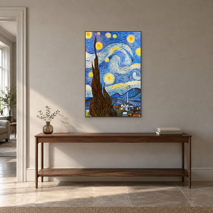 Tableau de nuit étoilée au cyprès en cadre ton noyer, centré au-dessus d’une console d’entrée