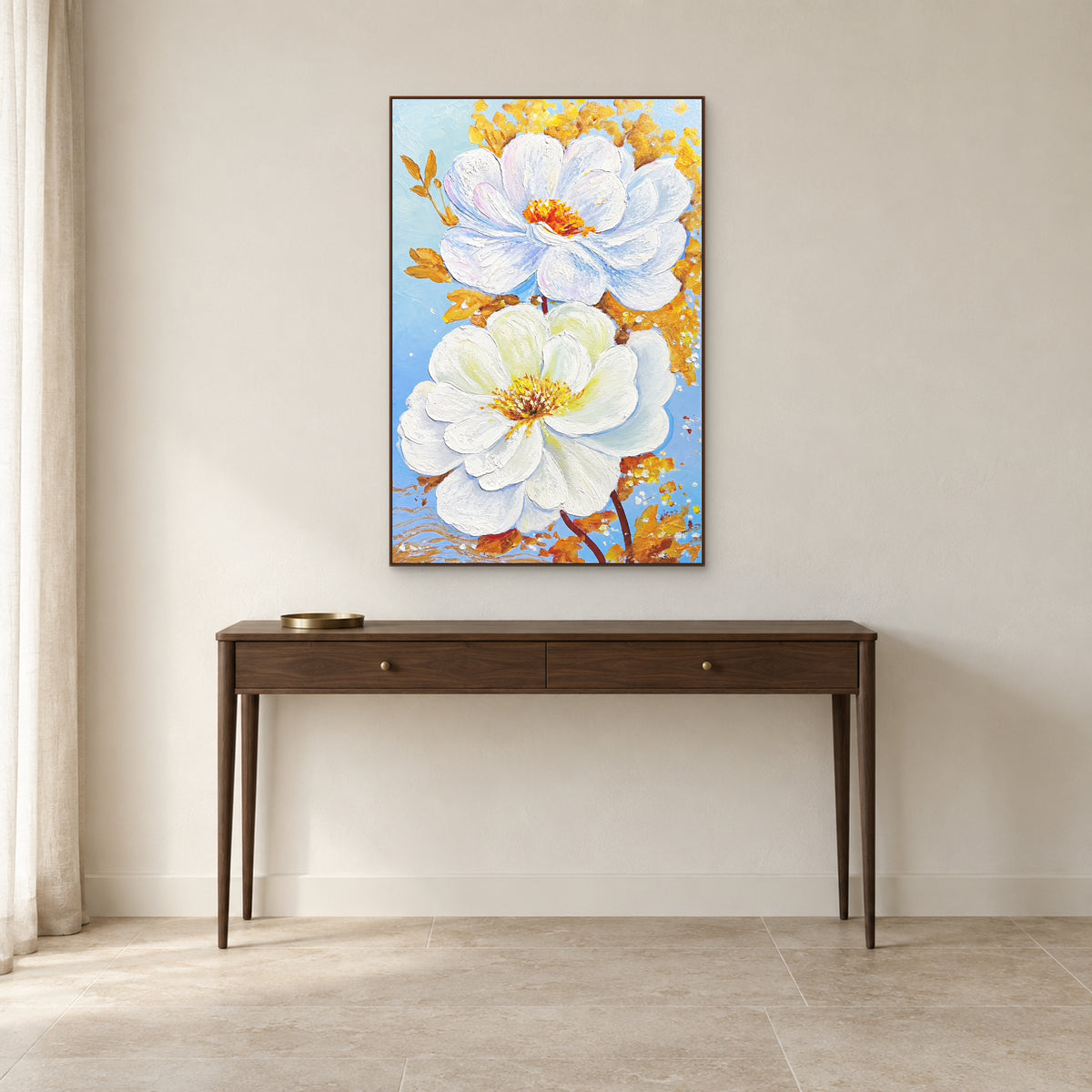White Blossoms in Gold in a walnut-coloured floating frame centred above a slender wooden console.