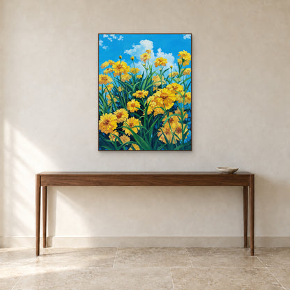Vertical yellow flower painting in a walnut-tone frame above an entryway console