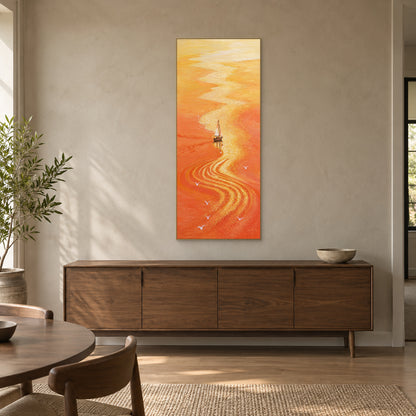 Amber seascape in a champagne-tone frame above a dark wood dining-room sideboard