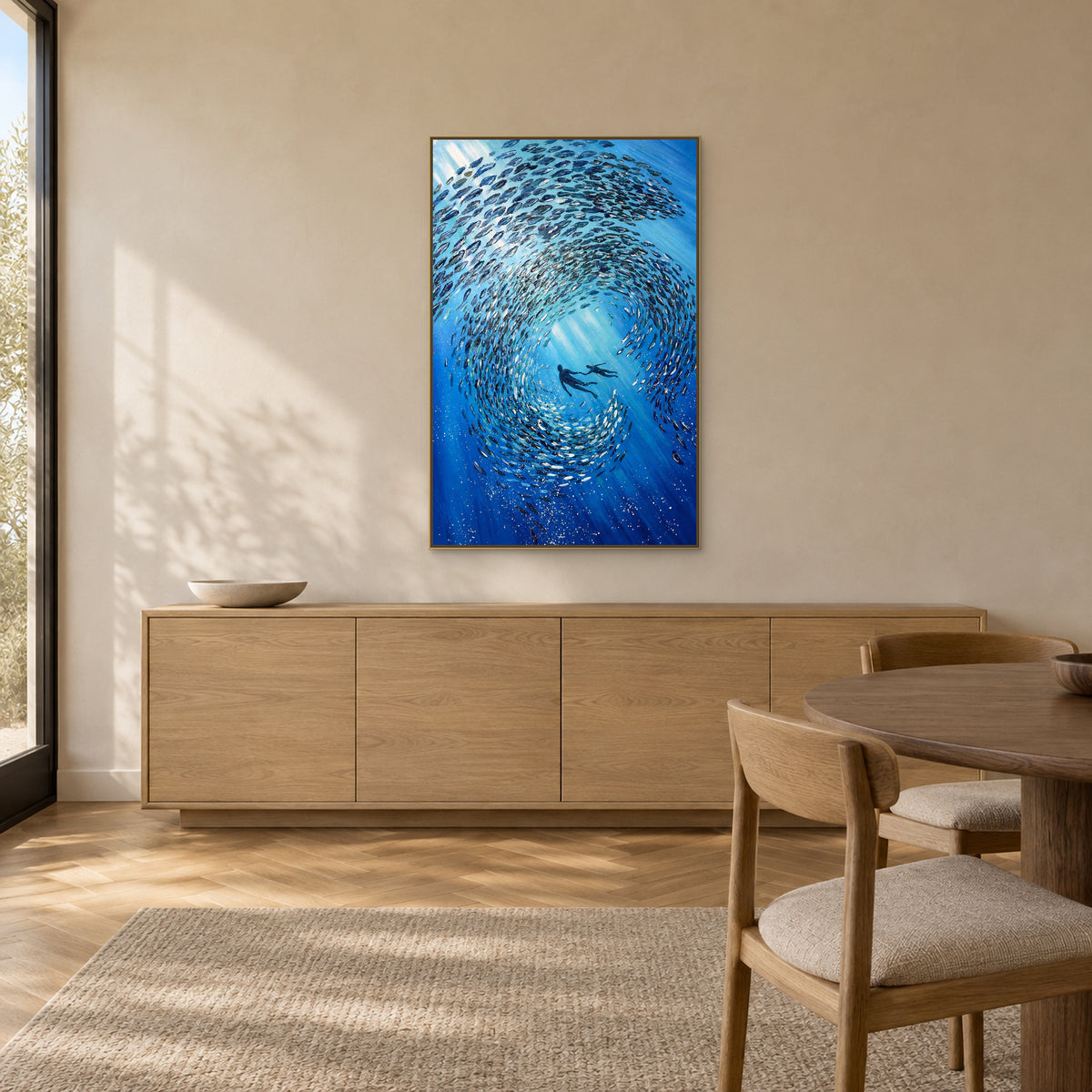 Tableau sous-marin bleu dans un cadre flottant champagne, au-dessus d’un buffet en bois à quatre portes près d’une table à manger