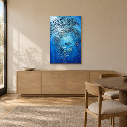 Tableau sous-marin bleu dans un cadre flottant champagne, au-dessus d’un buffet en bois à quatre portes près d’une table à manger