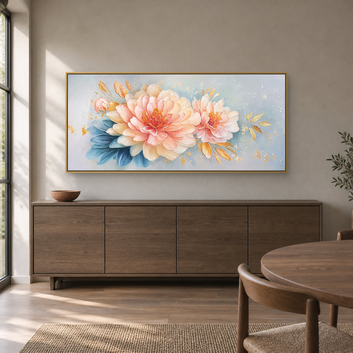 Peony panorama in a champagne-toned floating frame above a dark wooden sideboard beside a round dining table