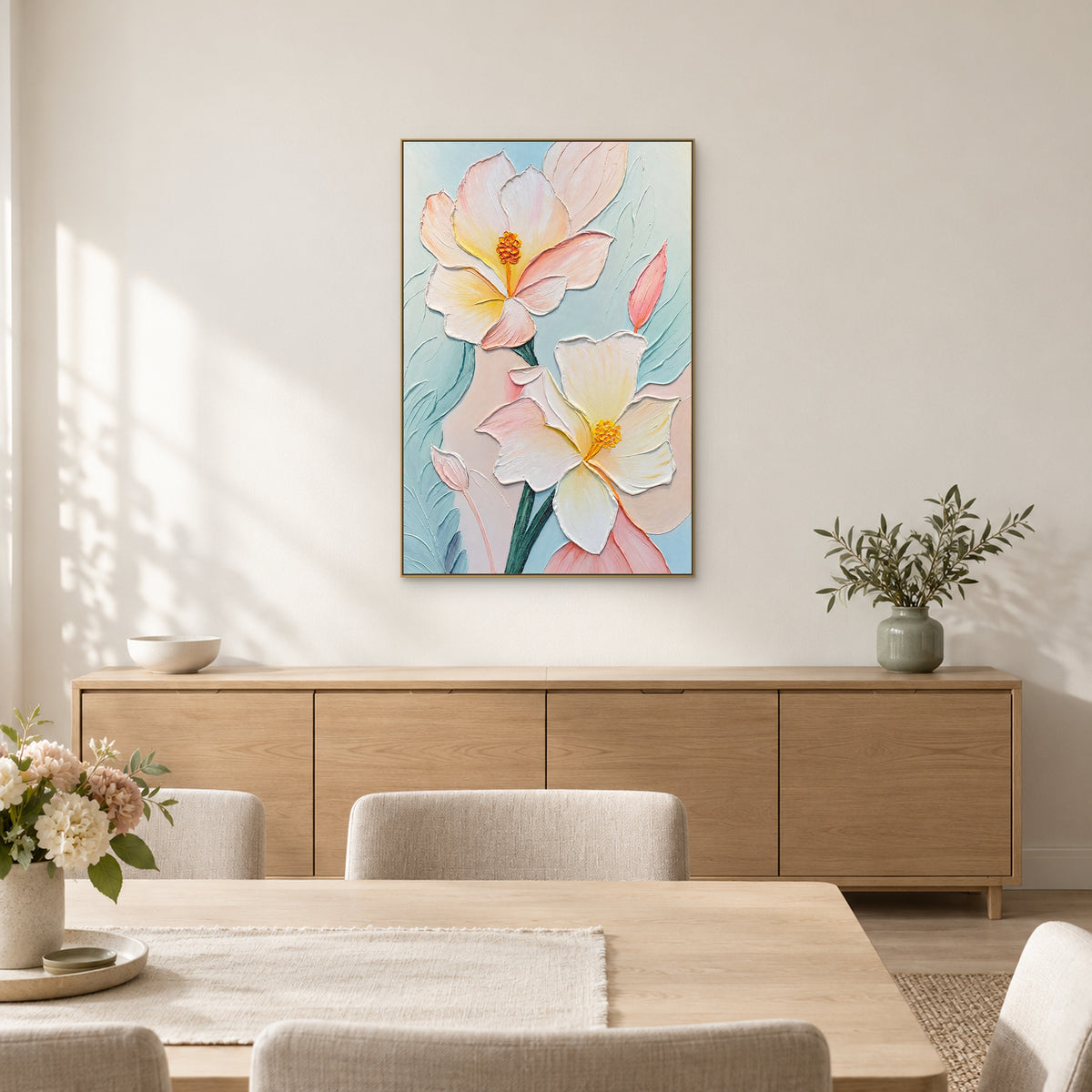 Tableau floral crème et rose en relief, cadre couleur champagne, au-dessus d’un long buffet dans une salle à manger claire