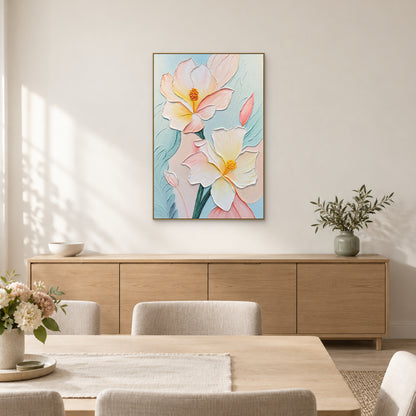 Tableau floral crème et rose en relief, cadre couleur champagne, au-dessus d’un long buffet dans une salle à manger claire