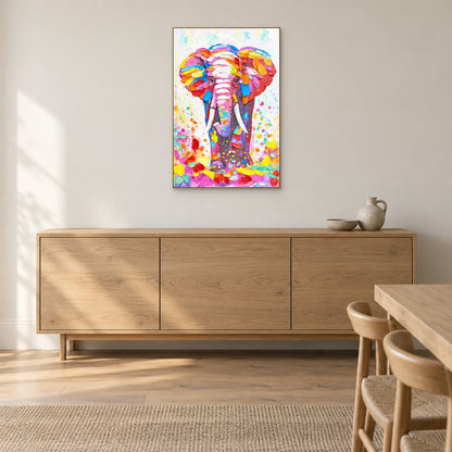 Tableau éléphant dans un cadre champagne au-dessus d’un buffet en chêne, près d’une table de repas