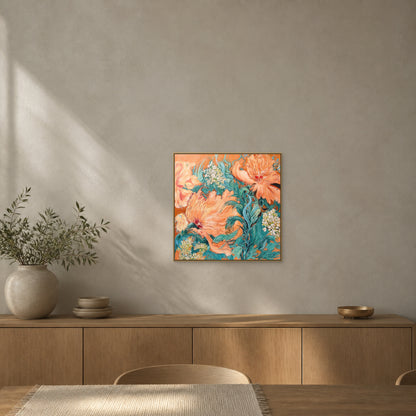 Jardin de pivoines corail dans un fin cadre flottant champagne au-dessus d’un buffet en chêne sur un mur de salle à manger gris sable