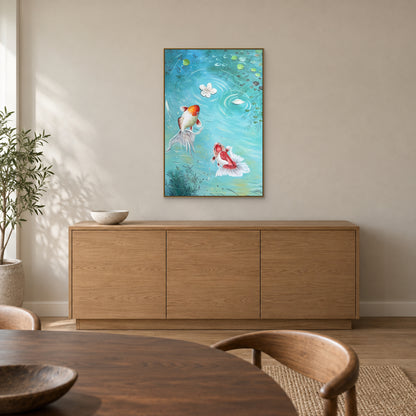 Turquoise fish artwork in a champagne-look floating frame above a dining sideboard