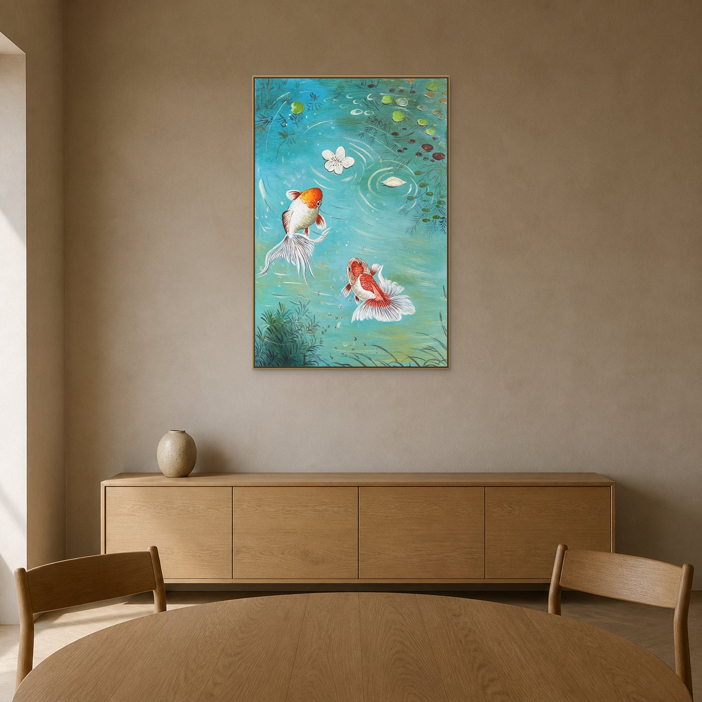 Hand-painted koi pond artwork in a thin champagne floating frame above an oak dining sideboard