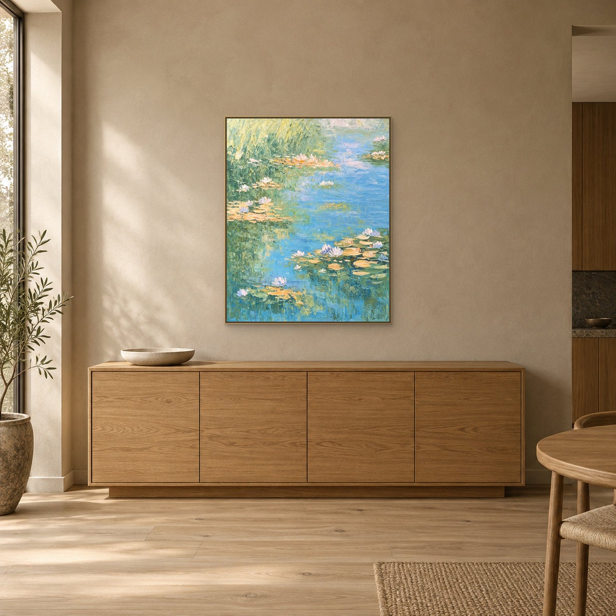 Water lilies and blue reflections in a champagne-look floating frame above an oak dining sideboard