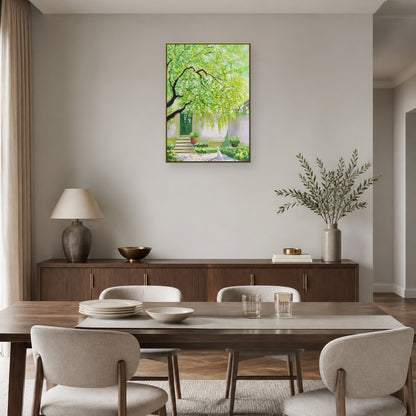 Spring Courtyard in a slim champagne floating frame above a walnut dining room sideboard