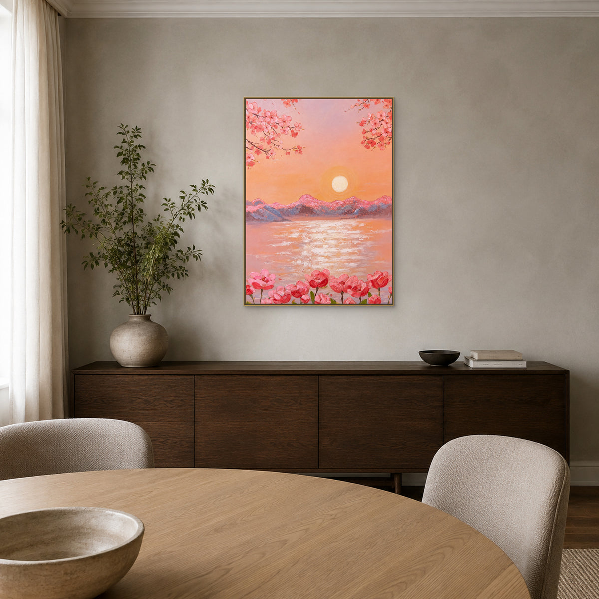 Peach Blossom Sunrise in a slim champagne floating frame above a dark-oak dining sideboard