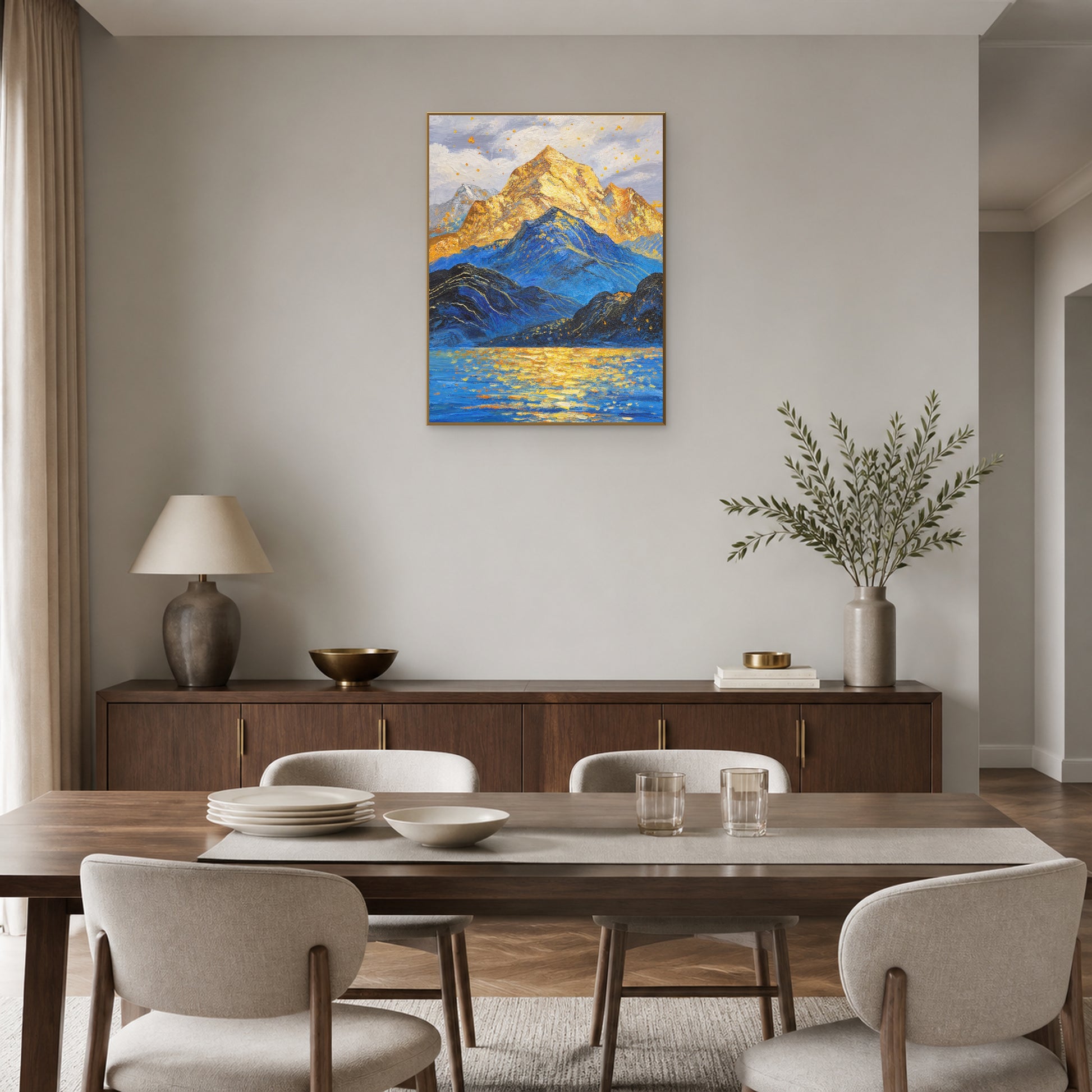 Golden Summit in a slim champagne floating frame above a walnut dining room sideboard