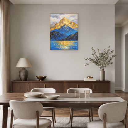 Golden Summit in a slim champagne floating frame above a walnut dining room sideboard