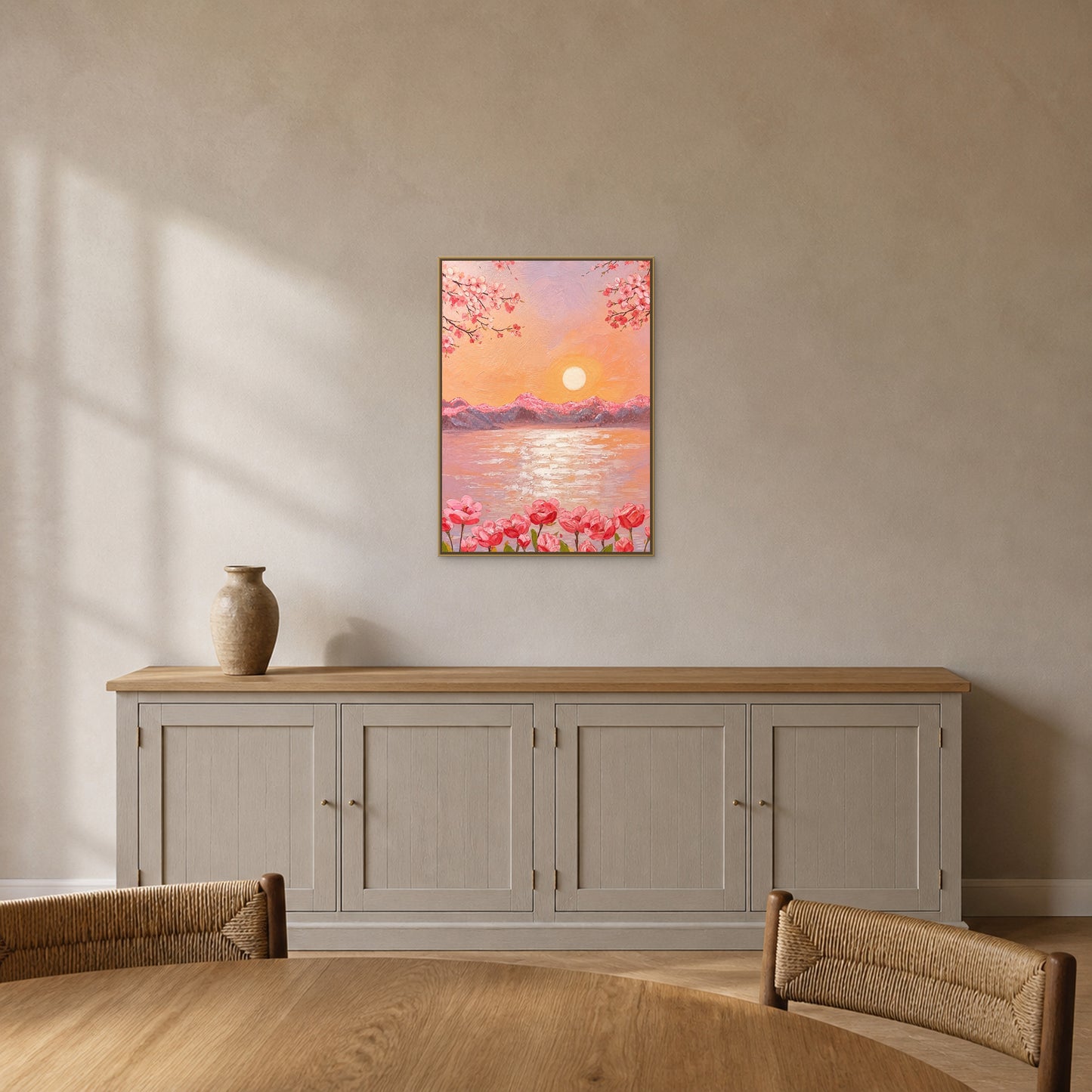 Cherry Blossom Sunset Lake in a slim champagne floating frame above a painted-oak sideboard on a sand-grey dining wall