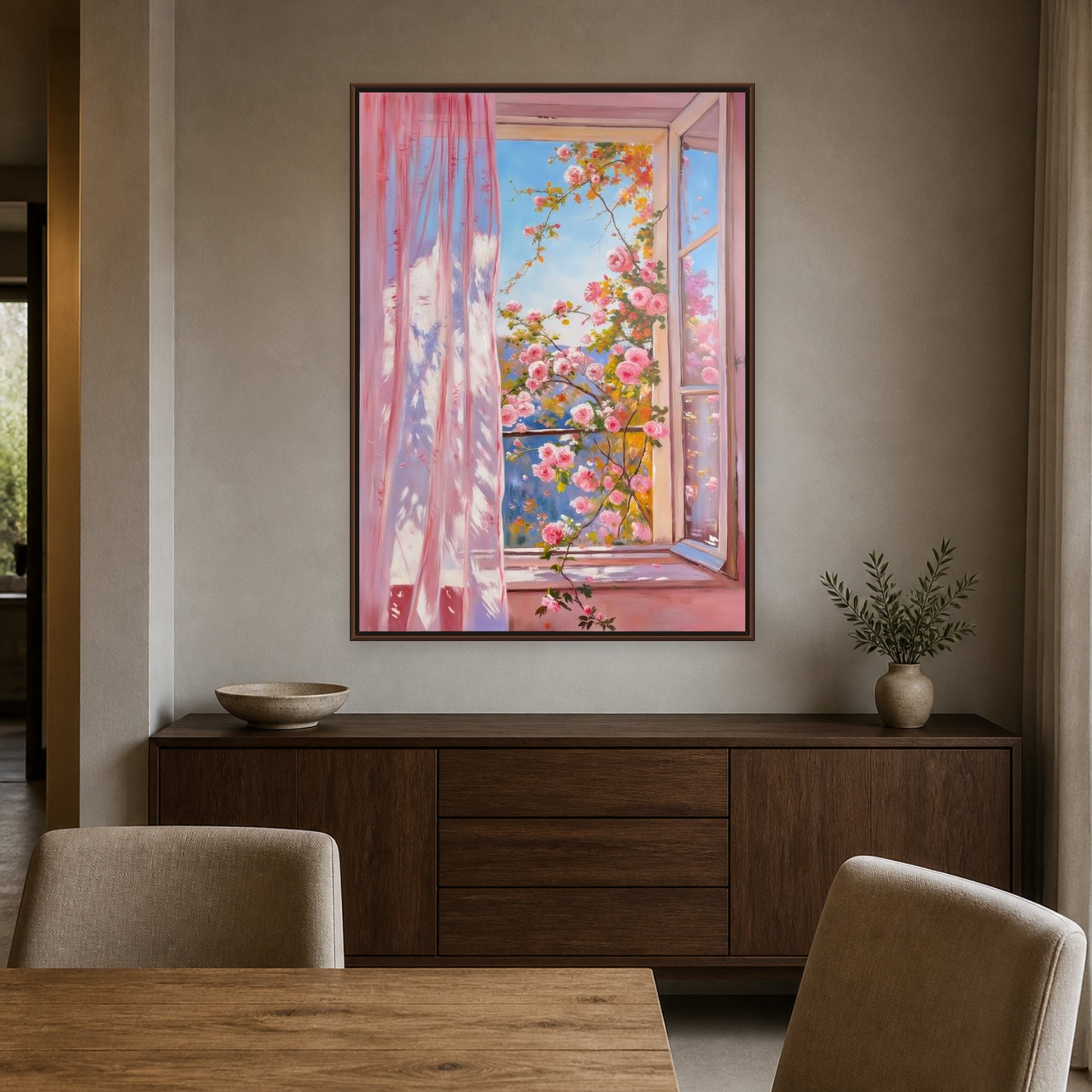 Roses at the Open Window in a slim walnut floating frame above a dining room sideboard