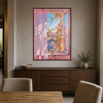 Roses at the Open Window in a slim walnut floating frame above a dining room sideboard