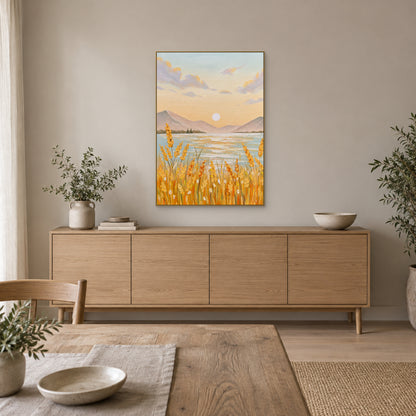Pastel lake and golden grain painting in a champagne-tone frame centred above an oak-tone sideboard
