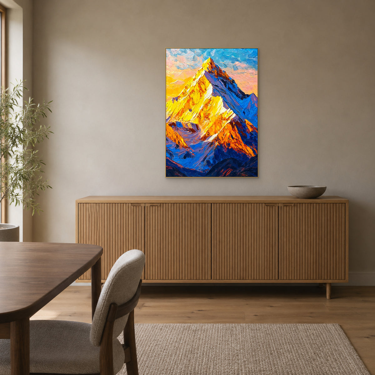 Yellow and cobalt mountain painting in a champagne-tone frame above a fluted oak-tone sideboard