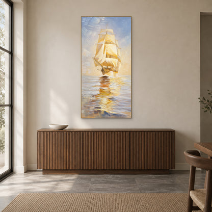 Tableau de voilier doré dans un cadre flottant champagne, au-dessus d’un buffet cannelé ton noyer.