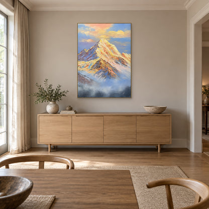 Paysage de montagne et brume bleu-gris dans un cadre champagne, au-dessus d'un buffet de salle à manger