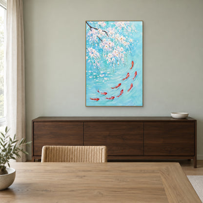 Koi Beneath White Blossoms in a champagne-coloured floating frame above a dark walnut sideboard against a pale sage dining-room wall.