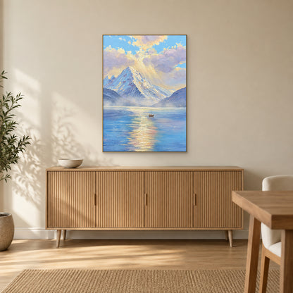 Lac et montagne à la première lumière, cadre flottant champagne au-dessus d’un buffet couleur chêne clair
