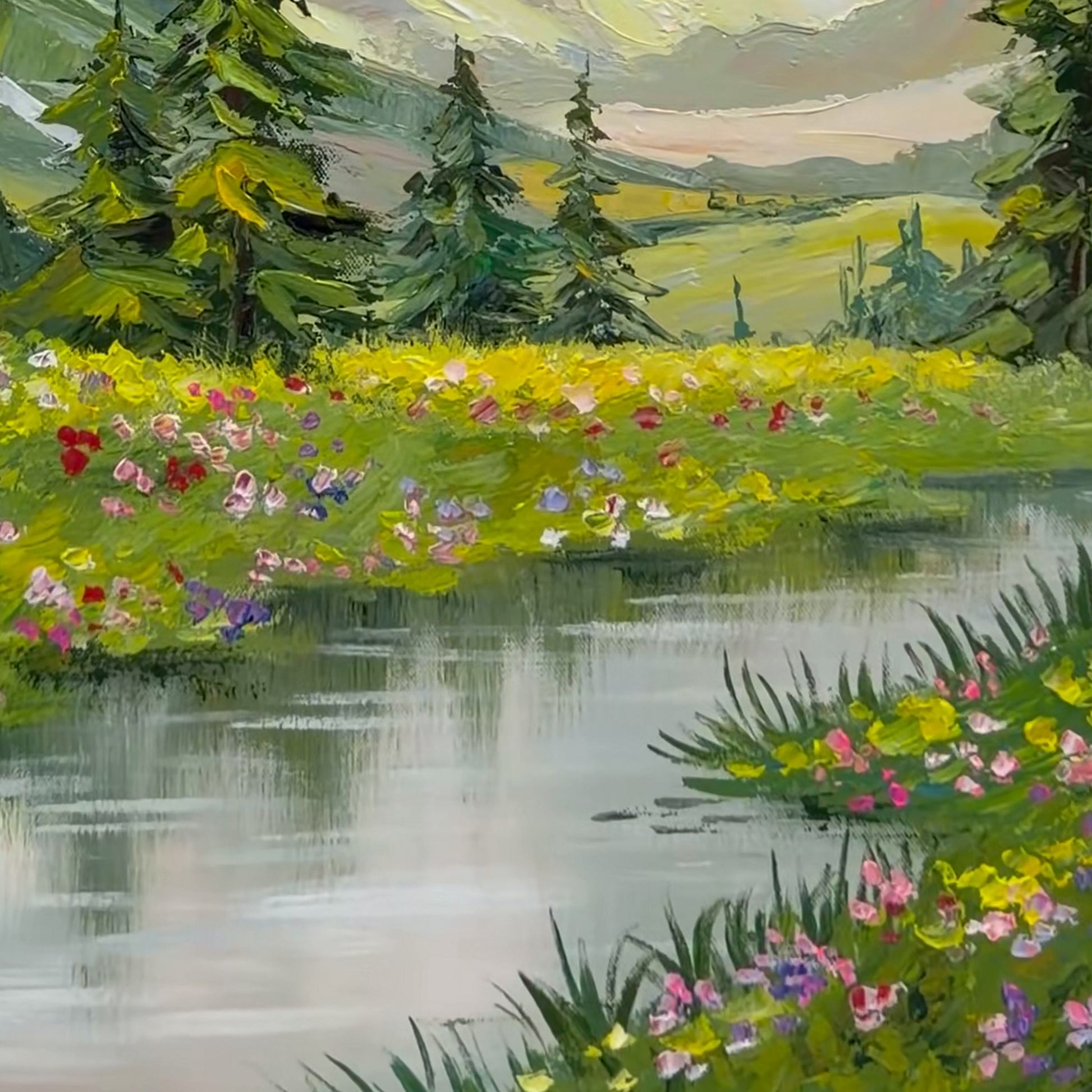 Close view of painted wildflowers and reflective water in Sunlit Alpine Meadow