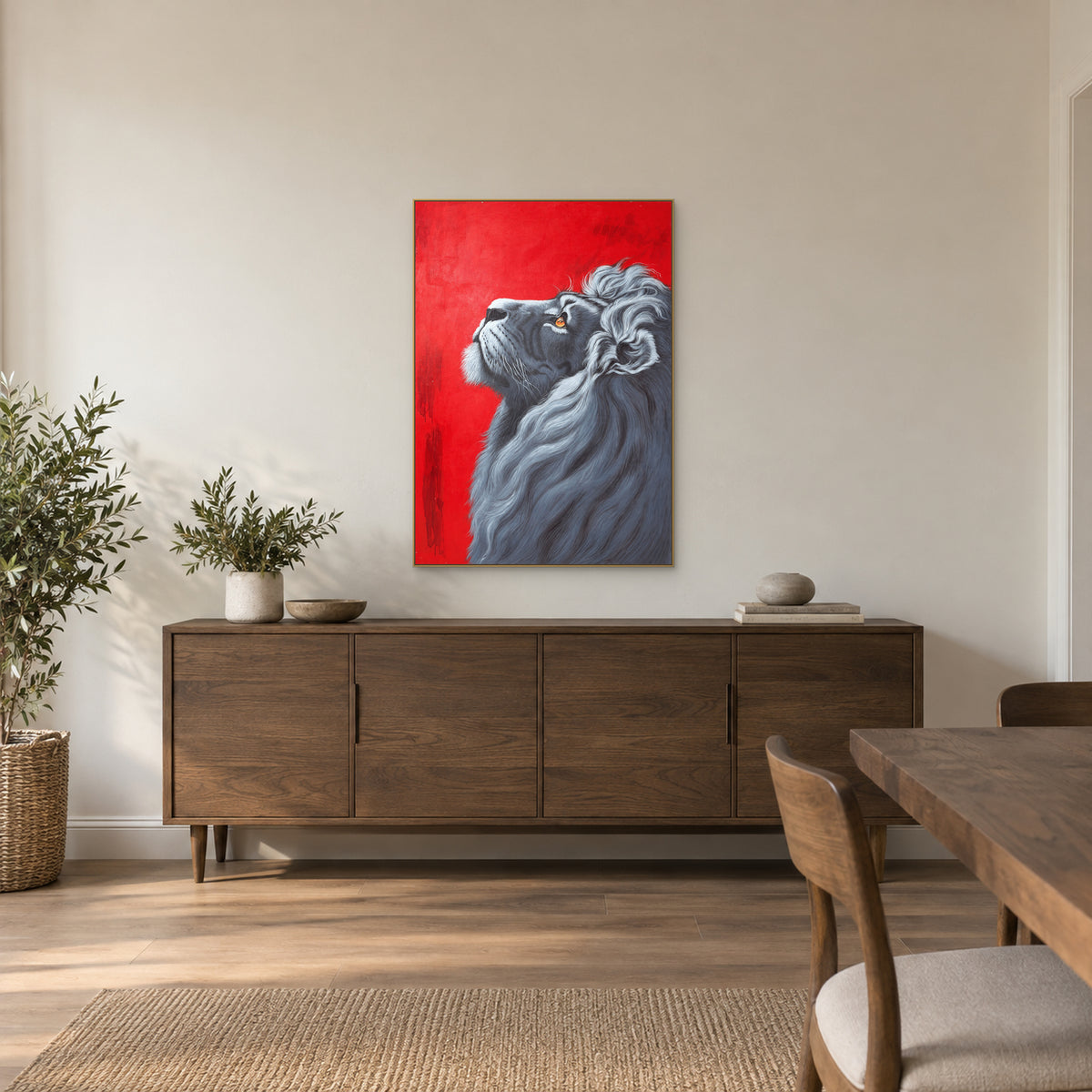 Lion painting in a champagne-tone frame above a smoked-oak sideboard in a dining room
