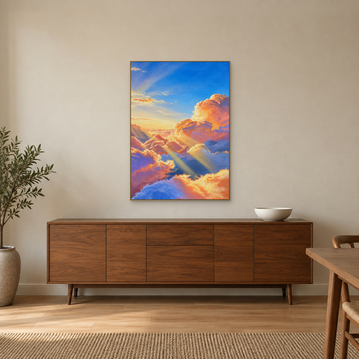 Tableau de nuages pêche et bleus dans un cadre flottant champagne, au-dessus d’un buffet en bois dans une salle à manger