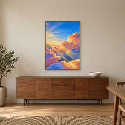 Tableau de nuages pêche et bleus dans un cadre flottant champagne, au-dessus d’un buffet en bois dans une salle à manger