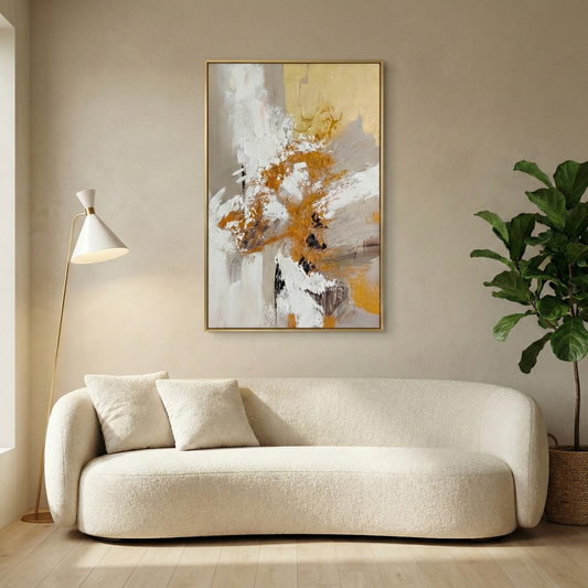 Aeterna gold and cream textured wall art above a curved white sofa