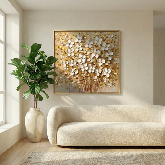 Aurum Botanica above a curved cream sofa in a neutral living room