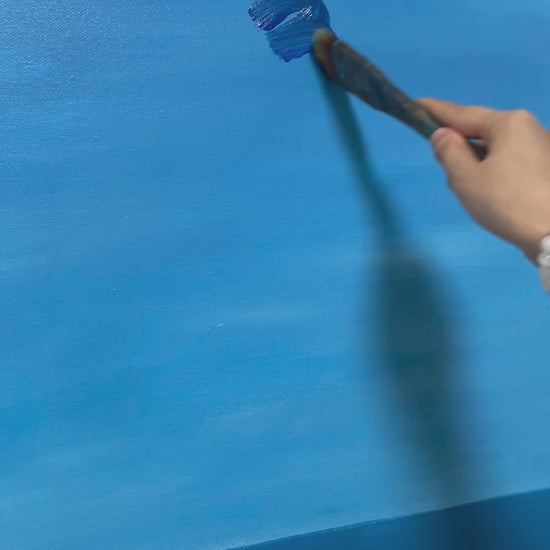 Painting blue clouds, sunrays and scattered sea reflections, followed by the completed horizontal artwork.