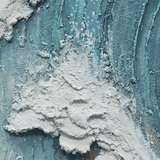 Close-up views of raised white foam and blue wave ridges, followed by a full artwork presentation