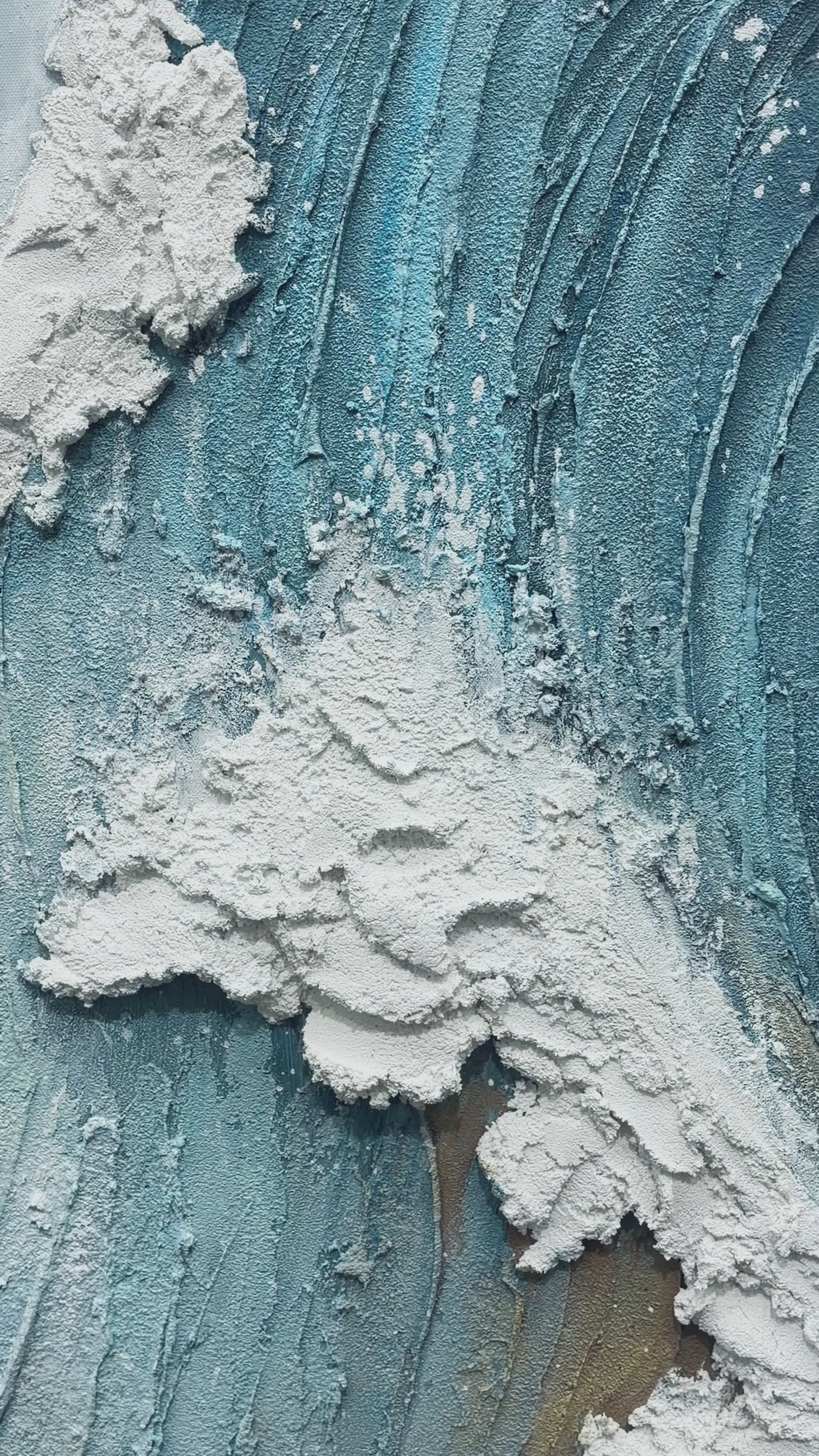 Close-up views of raised white foam and blue wave ridges, followed by a full artwork presentation