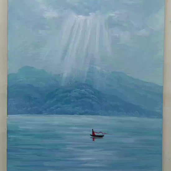 Painting process showing light rays, blue mountain ridges, lake strokes and a red figure in a small boat, followed by a framed artwork illustration