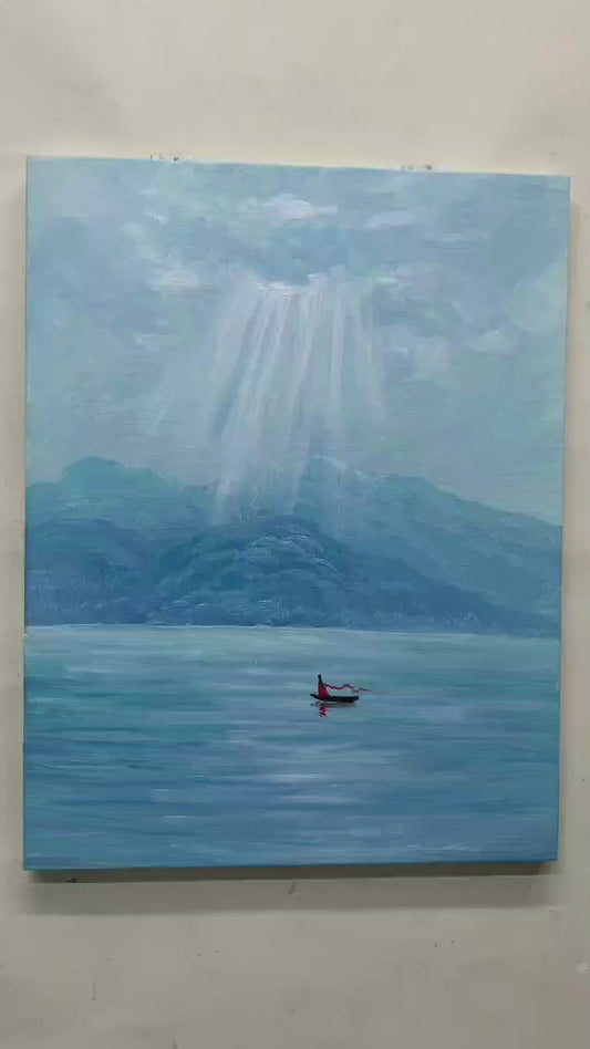 Painting process showing light rays, blue mountain ridges, lake strokes and a red figure in a small boat, followed by a framed artwork illustration