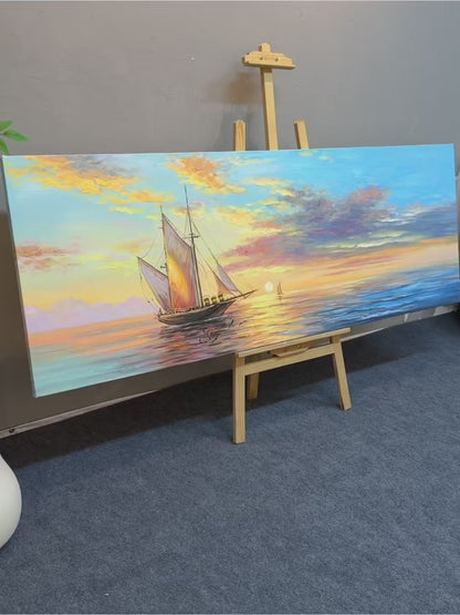 Full view and close-ups of the sailboat, sunset clouds and painted water