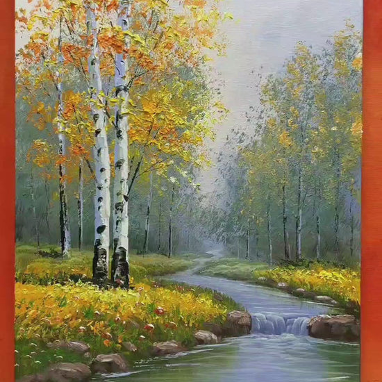 Painting an autumn birch woodland: foliage, white trunks, stream and rocks, followed by the finished landscape.