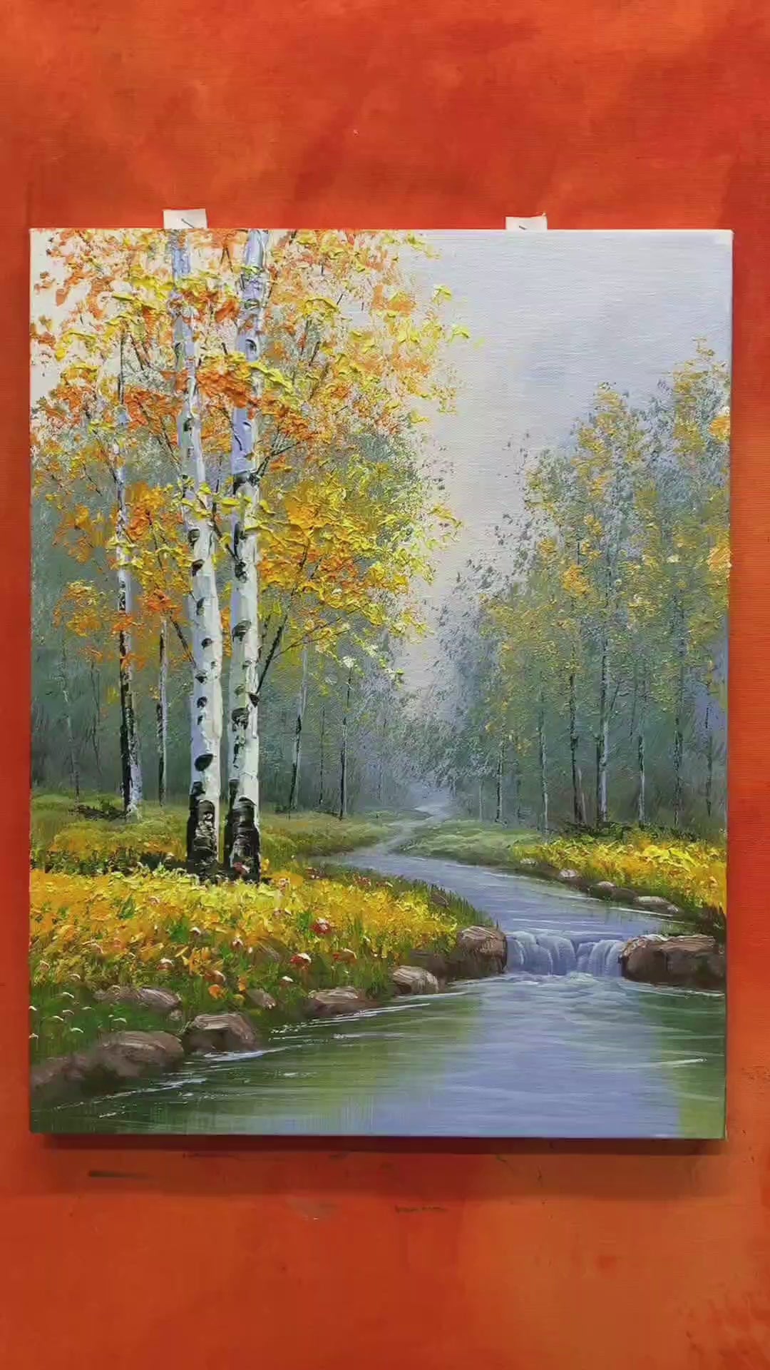 Painting an autumn birch woodland: foliage, white trunks, stream and rocks, followed by the finished landscape.