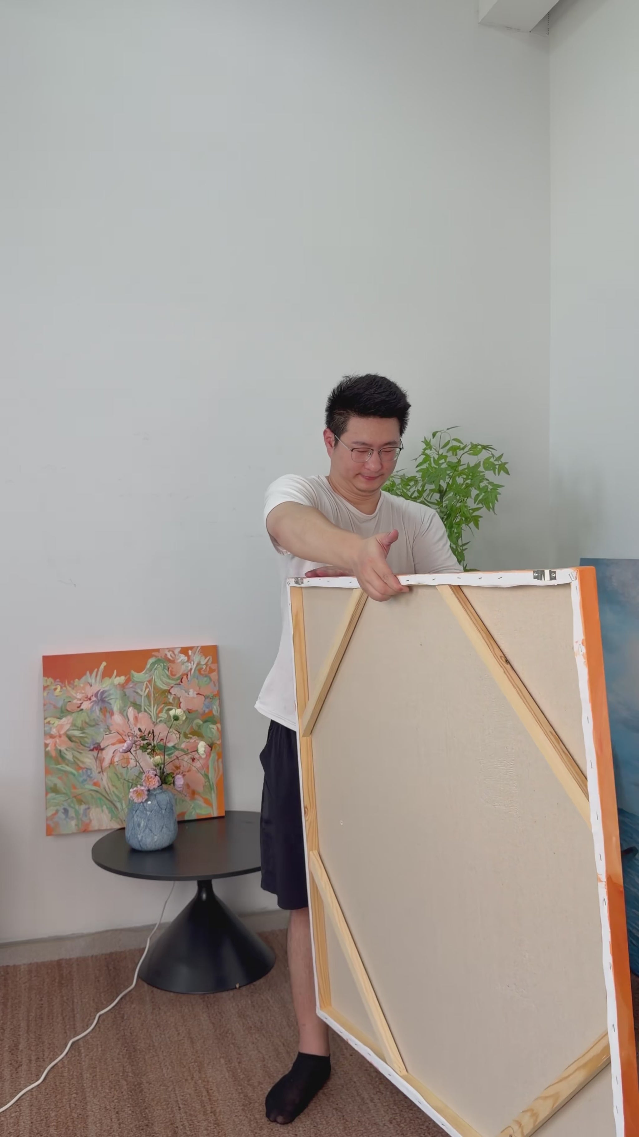 Workshop video showing Coral Peony Garden turning from its back and side profile to a complete frontal view