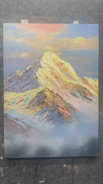 Painting a golden snow mountain with broad strokes and palette-knife ridges, followed by mist and the finished artwork