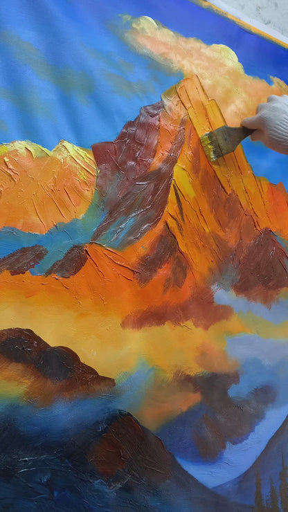Hand-painting a golden mountain, green meadow and blue wildflowers, followed by the finished landscape and a framed display
