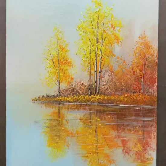 Painting golden foliage, birch trunks and lake ripples, ending with the completed autumn reflection scene
