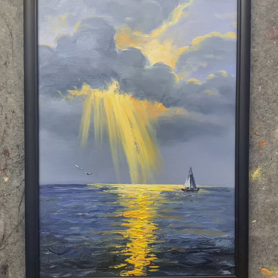 Hand-painting golden rays, textured blue waves and a small sailboat, followed by the finished seascape.