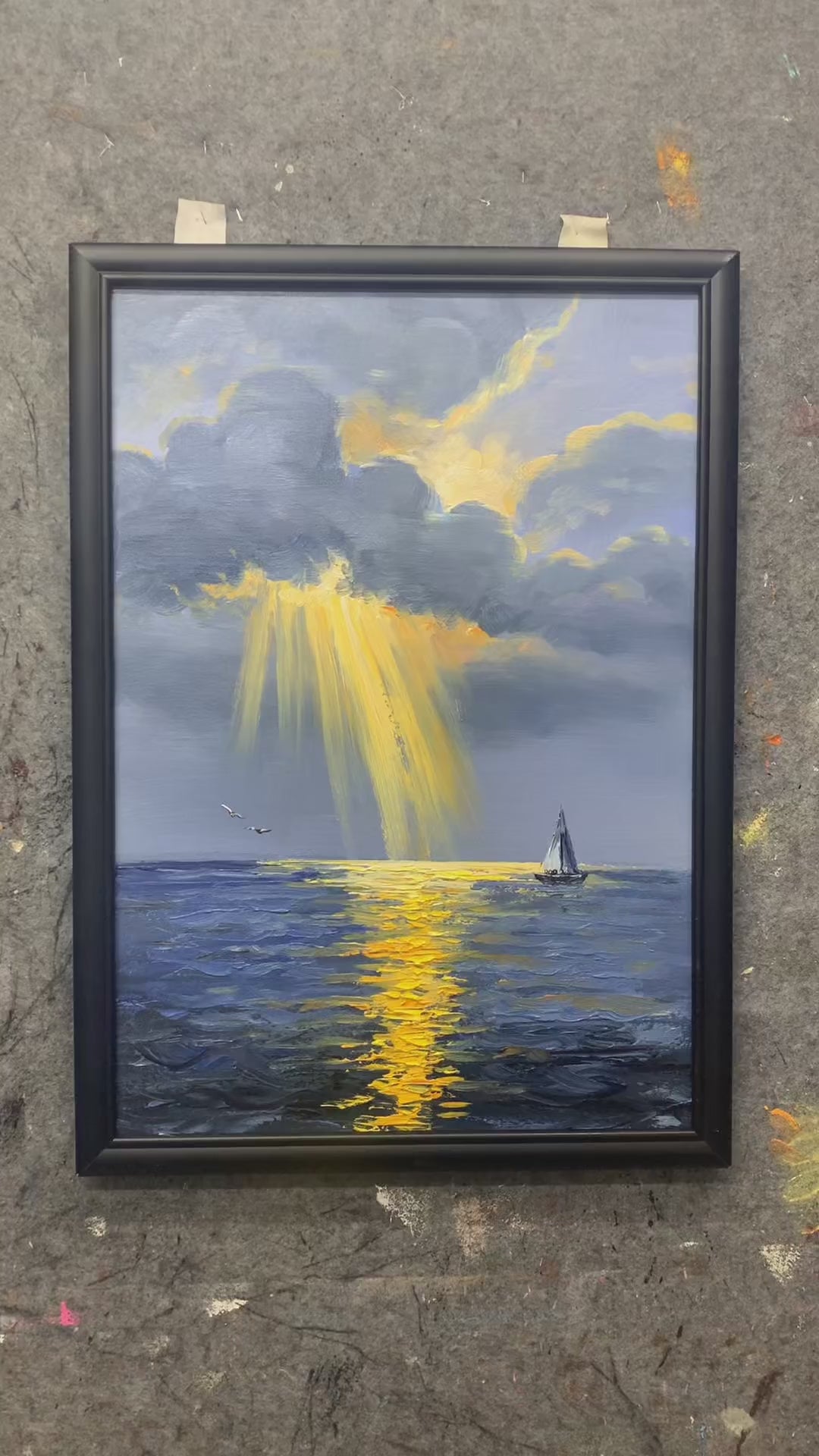 Hand-painting golden rays, textured blue waves and a small sailboat, followed by the finished seascape.