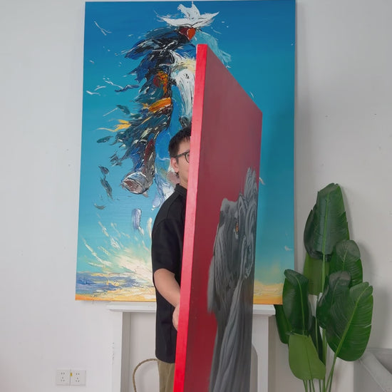 The lion painting turning into front view, followed by a still presentation of the complete framed artwork