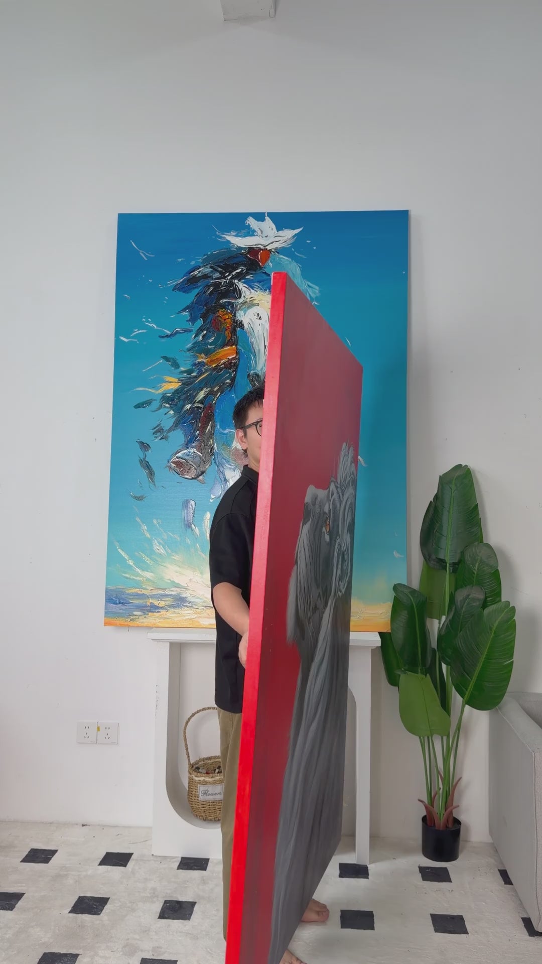 The lion painting turning into front view, followed by a still presentation of the complete framed artwork