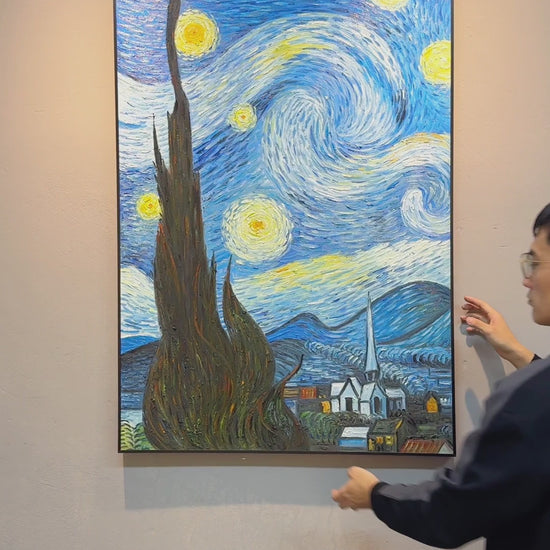 Studio video of the complete starry cypress painting, angled handling and closeups of stars and painted sky
